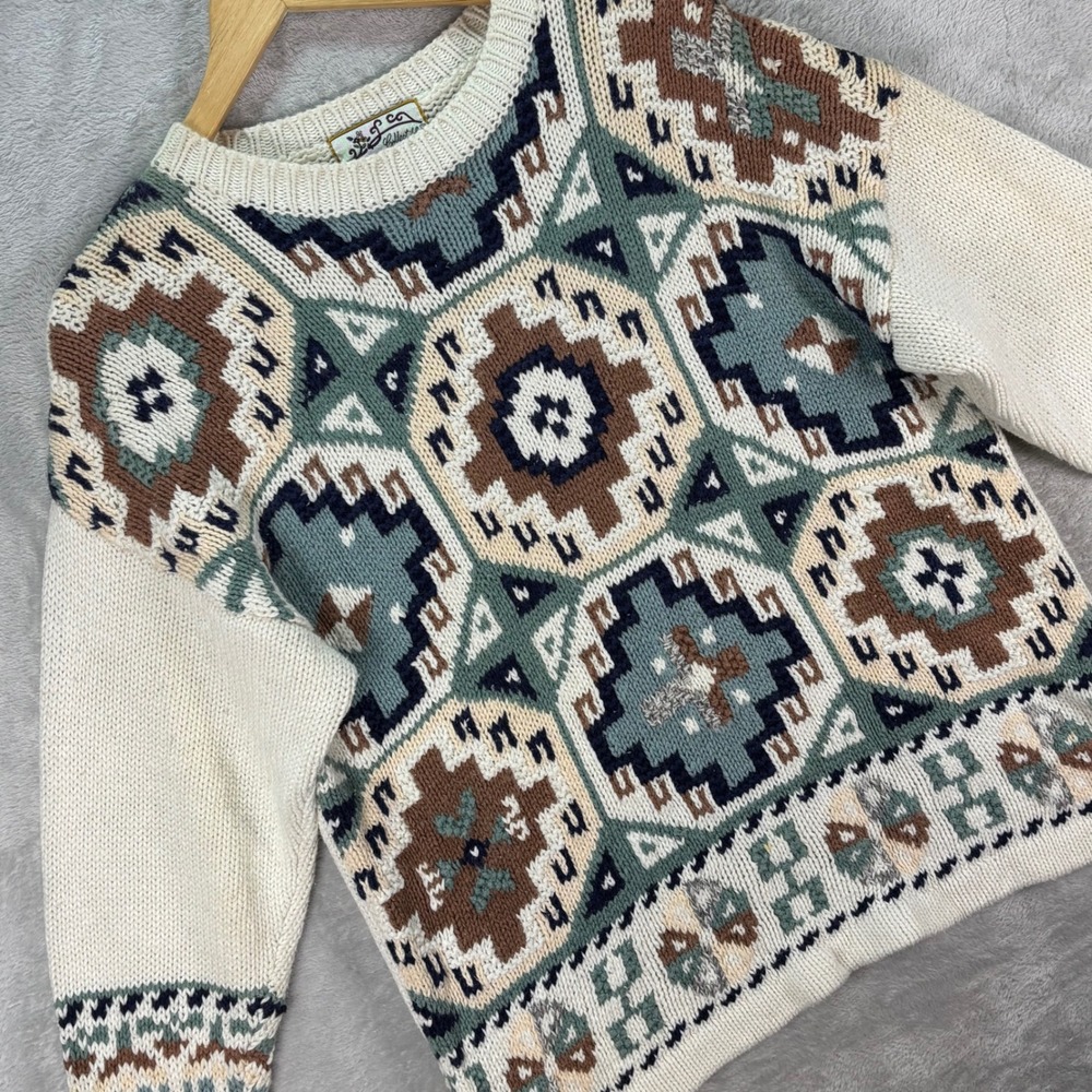Heirloom‎ Collectibles Women's Sweater Cream Geo Aztec Knit Ramie Cotton Sz M
